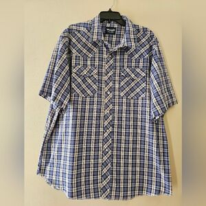 Wrangler Western Shirt XXL Blue Gold Plaid Pearl Snap Short Sleeve